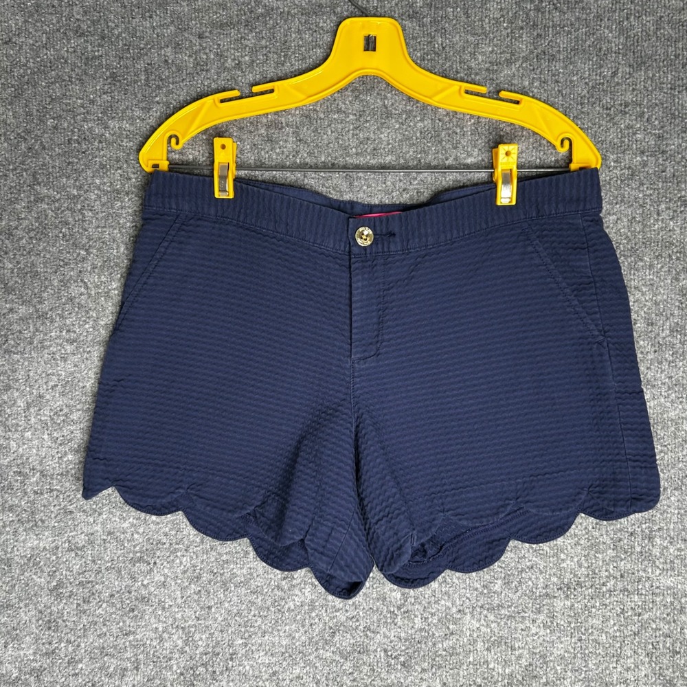 Lilly Pulitzer Buttercup Scalloped Shorts Navy Blue Seersucker Size 10